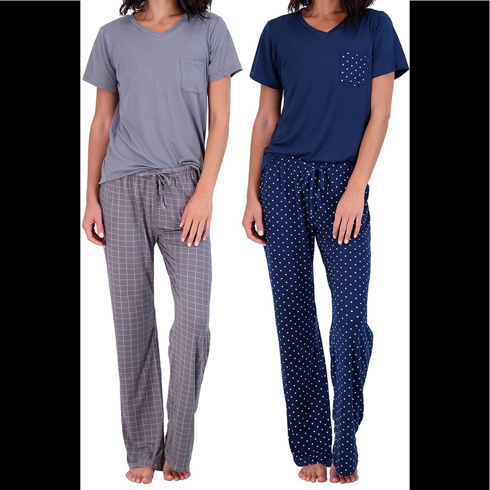 Women’s 2 pair super soft pajamas nwot gray and navy blue polka dot pocket top